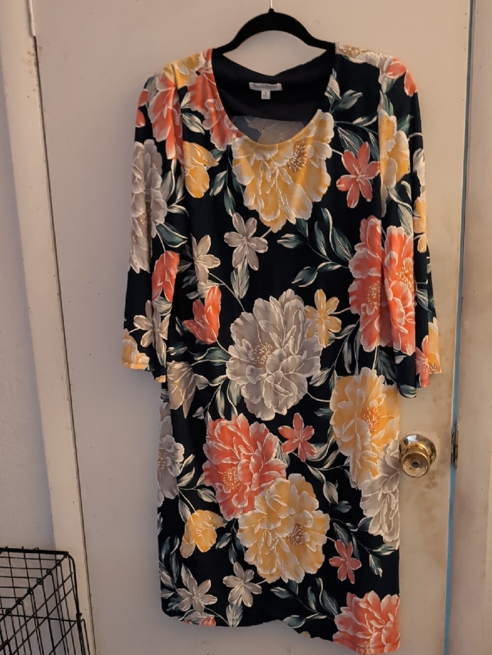 NorthStyle Navy Midi Dress with Yellow, Coral & Cream Floral Print
